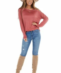 BiBi Marsala Long Sleeve Knit Top With Ladder Detail Tops