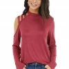BiBi Marsala Long Sleeve Knit Top With One Caged Cold Shoulder Tops 1 BiBi Marsala Long Sleeve Knit Top With One Caged Cold Shoulder Tops