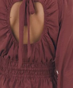She + Sky Marsala Open Back Smocked Peplum Silky Blouse