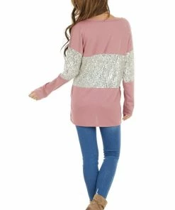 BiBi Mauve Sequined Colorblock Long Sleeve Top With Side Slits Tops