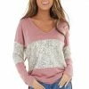 BiBi Mauve Sequined Colorblock Long Sleeve Top With Side Slits Tops