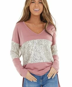 BiBi Mauve Sequined Colorblock Long Sleeve Top With Side Slits Tops