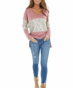 BiBi Mauve Sequined Colorblock Long Sleeve Top With Side Slits Tops
