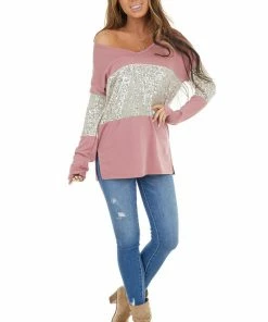 BiBi Mauve Sequined Colorblock Long Sleeve Top With Side Slits Tops