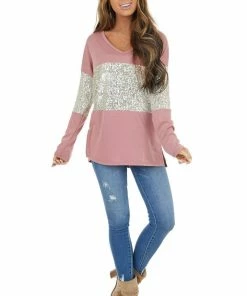 BiBi Mauve Sequined Colorblock Long Sleeve Top With Side Slits Tops