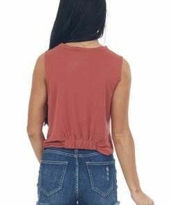 Lush Clothing Tops Marsala Sleeveless Cropped Knit Top With Front Tie Detail