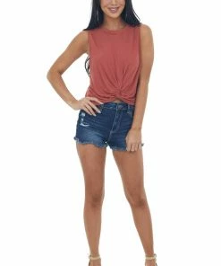 Lush Clothing Tops Marsala Sleeveless Cropped Knit Top With Front Tie Detail