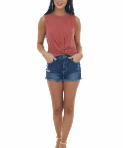 Lush Clothing Tops Marsala Sleeveless Cropped Knit Top With Front Tie Detail