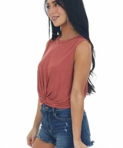Lush Clothing Tops Marsala Sleeveless Cropped Knit Top With Front Tie Detail