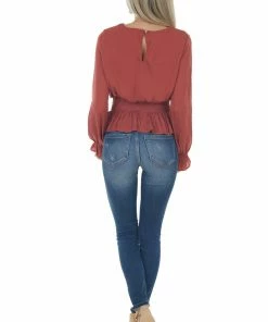 She + Sky Marsala Smocked Waist Bubble Sleeve Peplum Top Tops
