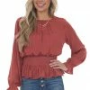 She + Sky Marsala Smocked Waist Bubble Sleeve Peplum Top Tops
