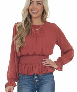 She + Sky Marsala Smocked Waist Bubble Sleeve Peplum Top Tops