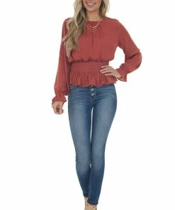 She + Sky Marsala Smocked Waist Bubble Sleeve Peplum Top Tops