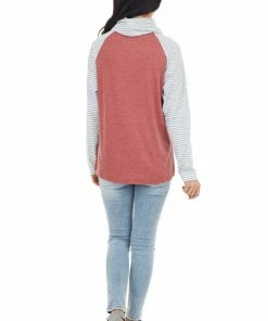 Shiying Fashion Marsala Striped Print Raglan Sleeve Knit Top With Cowl Neck