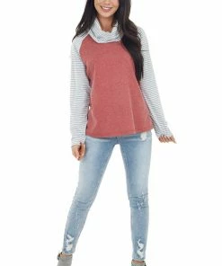 Shiying Fashion Marsala Striped Print Raglan Sleeve Knit Top With Cowl Neck