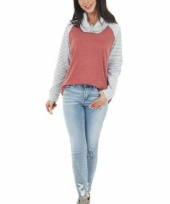Shiying Fashion Marsala Striped Print Raglan Sleeve Knit Top With Cowl Neck
