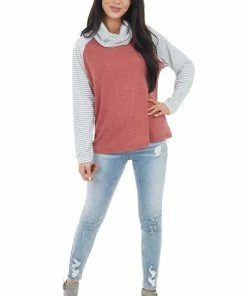 Shiying Fashion Marsala Striped Print Raglan Sleeve Knit Top With Cowl Neck