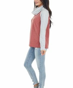 Shiying Fashion Marsala Striped Print Raglan Sleeve Knit Top With Cowl Neck