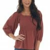 Hailey & Co Marsala Textured Smocked Bodice 3/4 Sleeve Top 2 Hailey & Co Marsala Textured Smocked Bodice 3/4 Sleeve Top