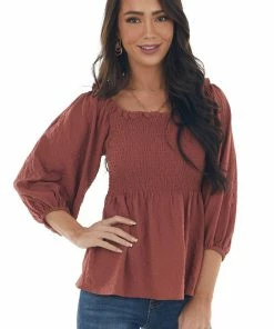 Hailey & Co Marsala Textured Smocked Bodice 3/4 Sleeve Top