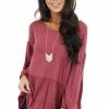 Be Cool Marsala Tiered Top With Long Bubble Sleeves And Round Neck