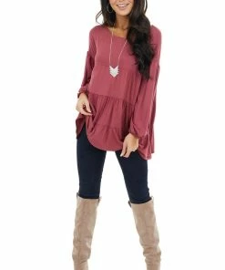 Be Cool Marsala Tiered Top With Long Bubble Sleeves And Round Neck