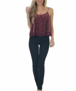 She + Sky Wine Velvet Leopard Print Sleeveless Top