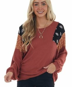 7th Ray Marsala Waffle Knit Top With Contrast Shoulders