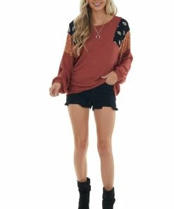 7th Ray Marsala Waffle Knit Top With Contrast Shoulders