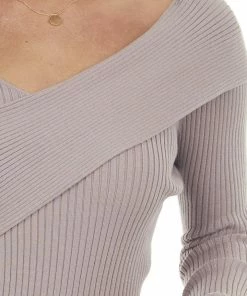 143 Story Mauve Asymmetrical Overlay Ribbed Knit Top