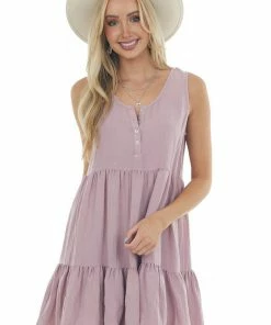 Umgee Dresses Mauve Button Up Sleeveless Tiered Woven Dress