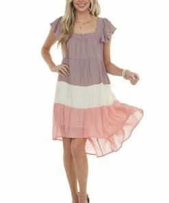 Umgee Dresses Mauve Colorblock Square Neckline Short Dress