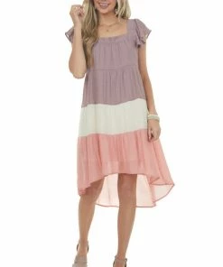 Umgee Dresses Mauve Colorblock Square Neckline Short Dress