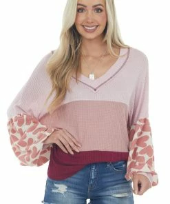Hailey & Co Mauve Colorblock Waffle Knit Long Sleeve Top