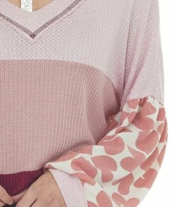 Hailey & Co Mauve Colorblock Waffle Knit Long Sleeve Top