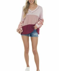 Hailey & Co Mauve Colorblock Waffle Knit Long Sleeve Top