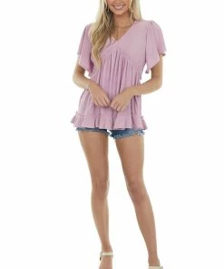 Hailey & Co Tops Mauve Flutter Sleeve Empire Waist Ruffle Top 10 Hailey & Co Tops Mauve Flutter Sleeve Empire Waist Ruffle Top