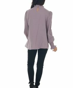 143 Story Tops Mauve High Frill Neck Lace Detail Yoke Blouse