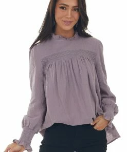 143 Story Tops Mauve High Frill Neck Lace Detail Yoke Blouse