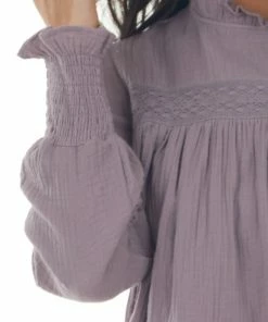 143 Story Tops Mauve High Frill Neck Lace Detail Yoke Blouse