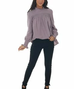 143 Story Tops Mauve High Frill Neck Lace Detail Yoke Blouse