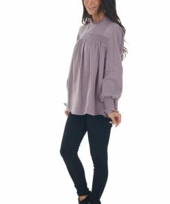 143 Story Tops Mauve High Frill Neck Lace Detail Yoke Blouse
