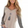 12PM Mauve Multiprint Waffle Knit Top With Leopard Long Sleeves