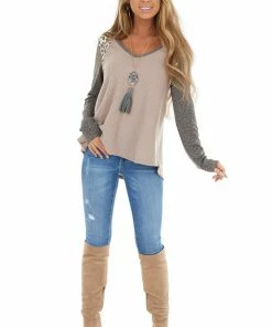 12PM Mauve Multiprint Waffle Knit Top With Leopard Long Sleeves
