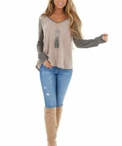 12PM Mauve Multiprint Waffle Knit Top With Leopard Long Sleeves