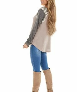 12PM Mauve Multiprint Waffle Knit Top With Leopard Long Sleeves