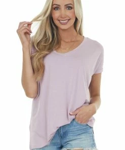 ANGIE Tops Mauve Oversized V Neck Short Sleeve Top