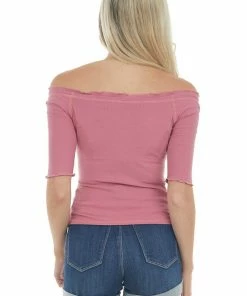 Aemi + Co Mauve Ribbed 3-4 Sleeve Top With Ruffle Trim Tops