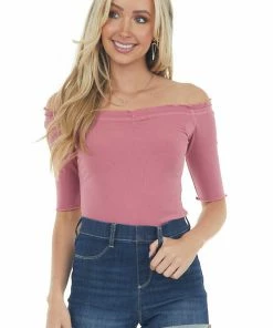Aemi + Co Mauve Ribbed 3-4 Sleeve Top With Ruffle Trim Tops