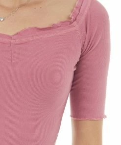 Aemi + Co Mauve Ribbed 3-4 Sleeve Top With Ruffle Trim Tops